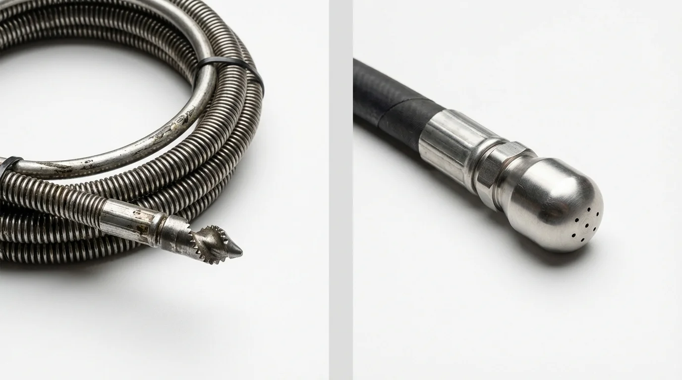 Drain snake cable and hydro jetting nozzle used for drain cleaning in Oaklyn, NJ