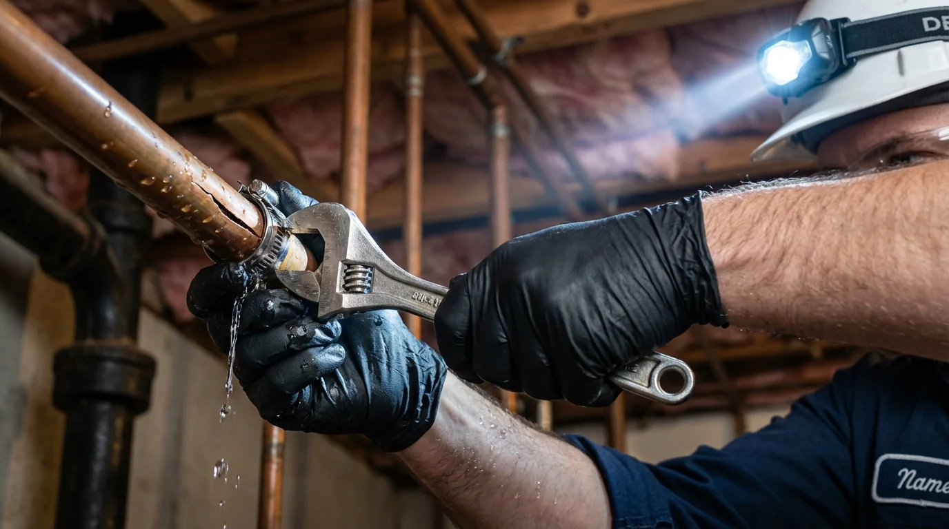 Emergency pipe clamp repair being performed by a Johns Plumbing LLC plumber in Oaklyn